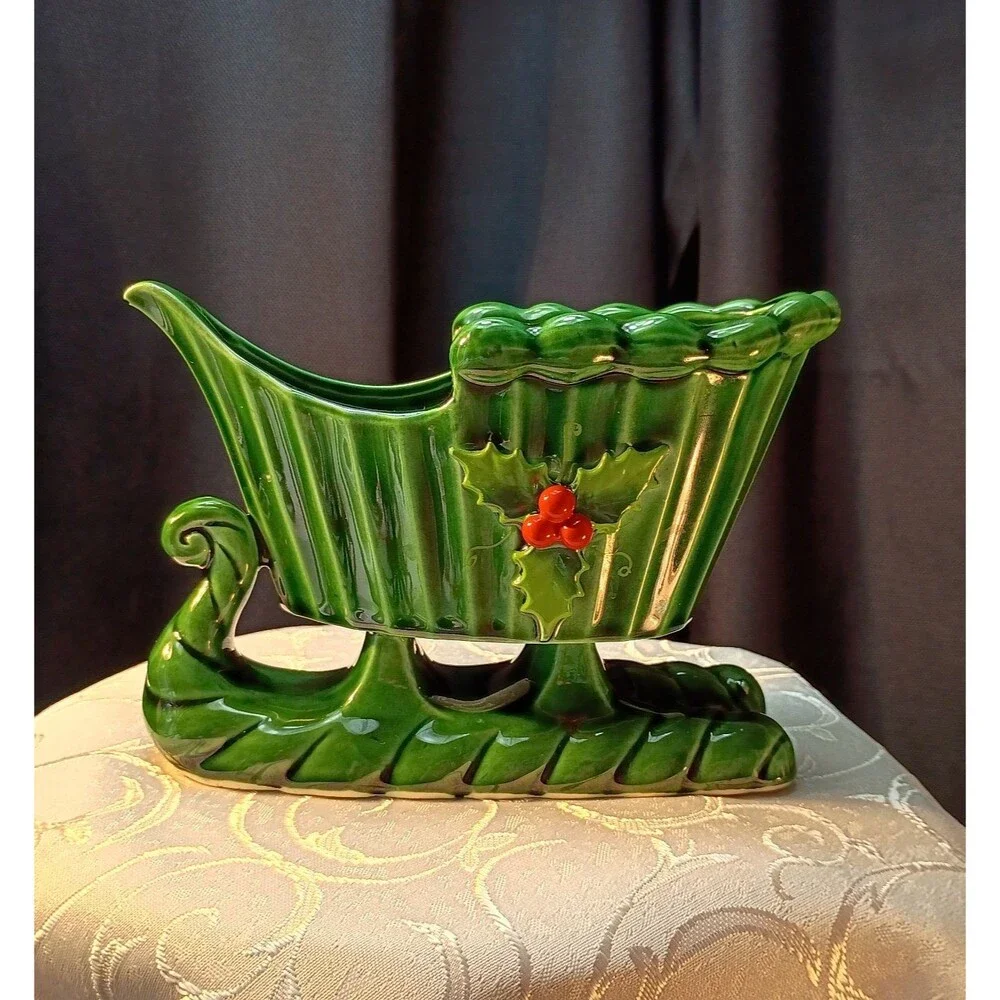 Vintage Holt Howard Ceramic Green Candle Holder Planter Sleigh, MCM Christmas